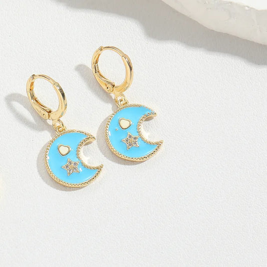 1 Pair Vintage Style Classic Style Star Moon Heart Shape Enamel Inlay Copper Zircon 14K Gold Plated Drop Earrings