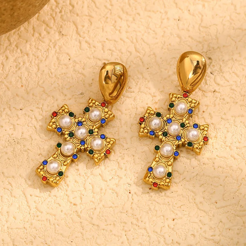 1 Pair Vintage Style Cross 304 Stainless Steel Artificial Pearls 18K Gold Plated Drop Earrings