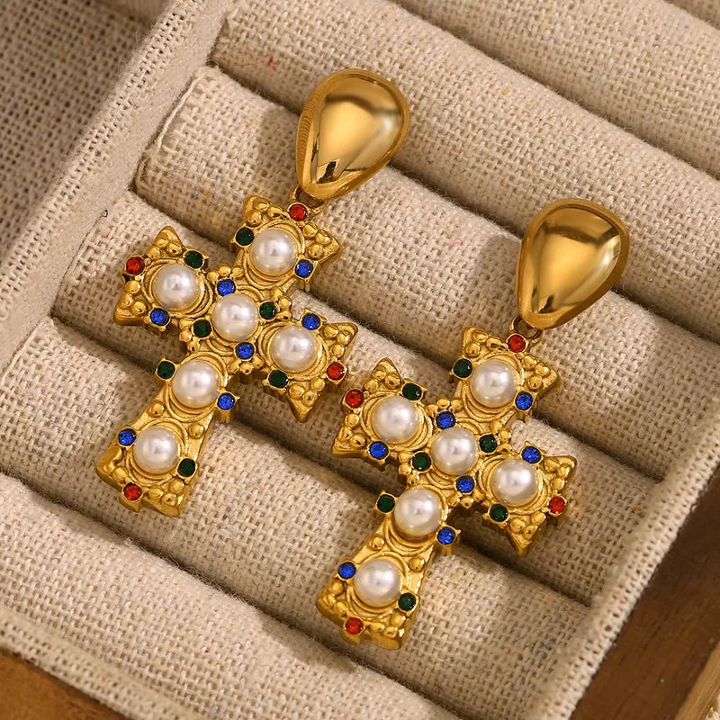 1 Pair Vintage Style Cross 304 Stainless Steel Artificial Pearls 18K Gold Plated Drop Earrings