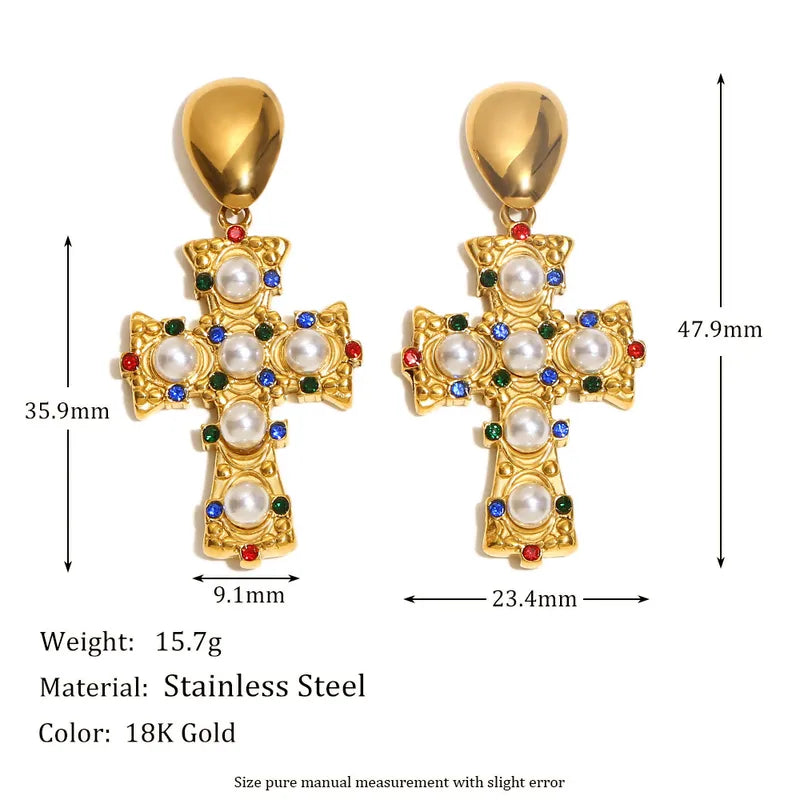 1 Pair Vintage Style Cross 304 Stainless Steel Artificial Pearls 18K Gold Plated Drop Earrings