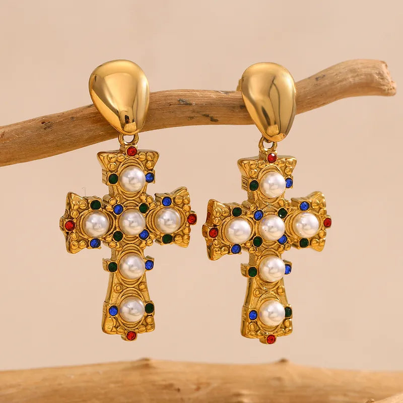 1 Pair Vintage Style Cross 304 Stainless Steel Artificial Pearls 18K Gold Plated Drop Earrings