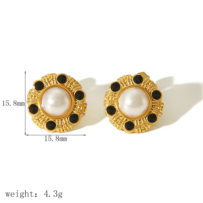 1 Pair Vintage Style French Style Geometric Inlay 304 Stainless Steel Artificial Pearls 18K Gold Plated Ear Studs