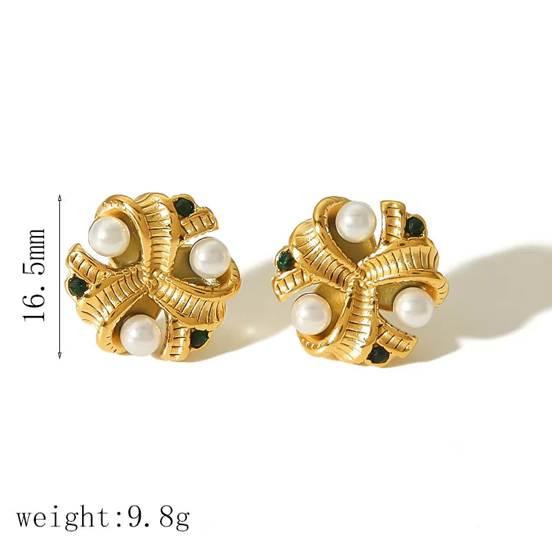 1 Pair Vintage Style French Style Geometric Inlay 304 Stainless Steel Artificial Pearls 18K Gold Plated Ear Studs