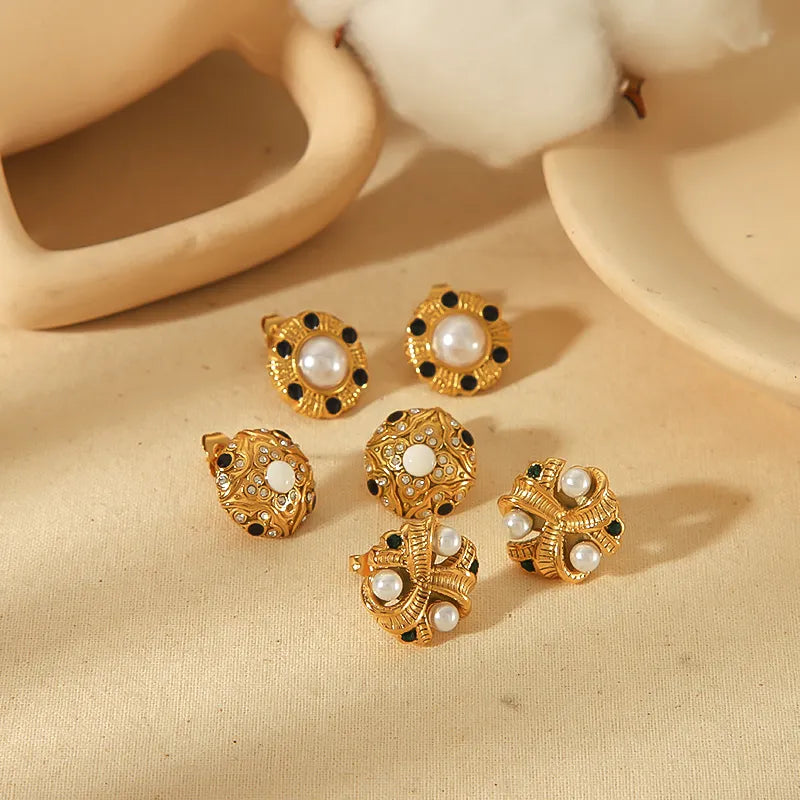 1 Pair Vintage Style French Style Geometric Inlay 304 Stainless Steel Artificial Pearls 18K Gold Plated Ear Studs