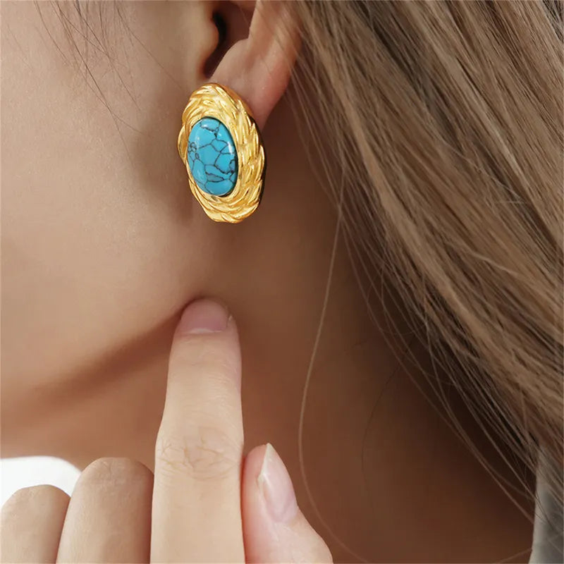 1 Pair Vintage Style French Style Oval Inlay 304 Stainless Steel Turquoise 18K Gold Plated Ear Studs