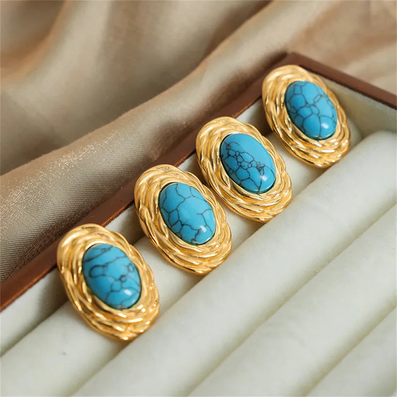 1 Pair Vintage Style French Style Oval Inlay 304 Stainless Steel Turquoise 18K Gold Plated Ear Studs