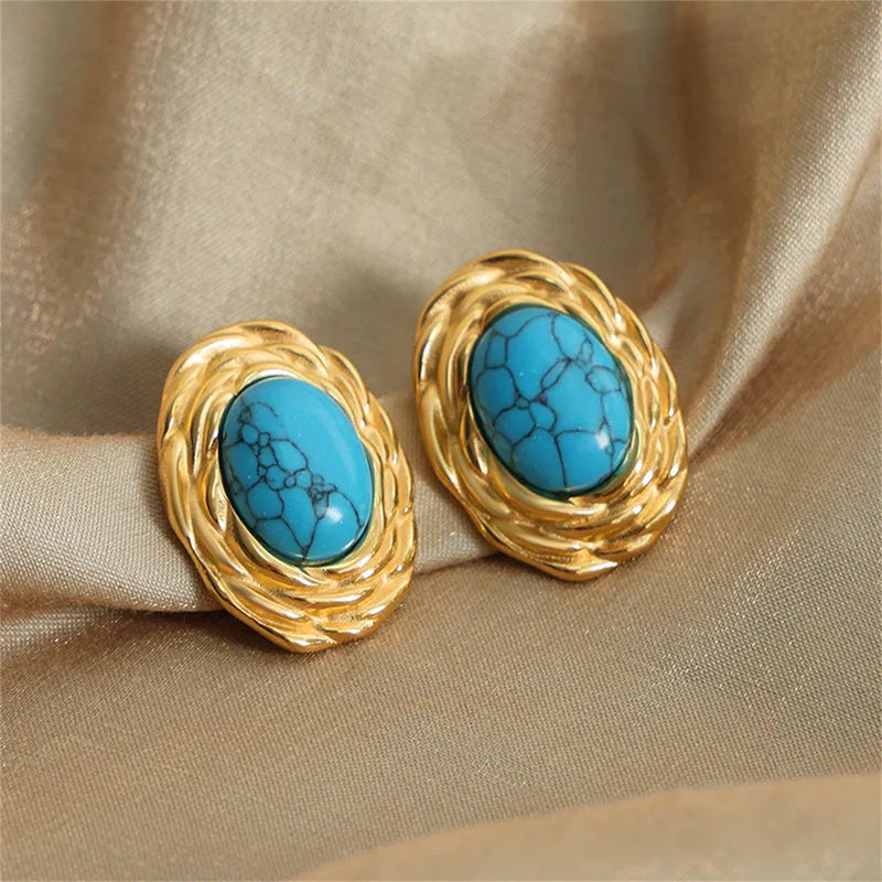 1 Pair Vintage Style French Style Oval Inlay 304 Stainless Steel Turquoise 18K Gold Plated Ear Studs