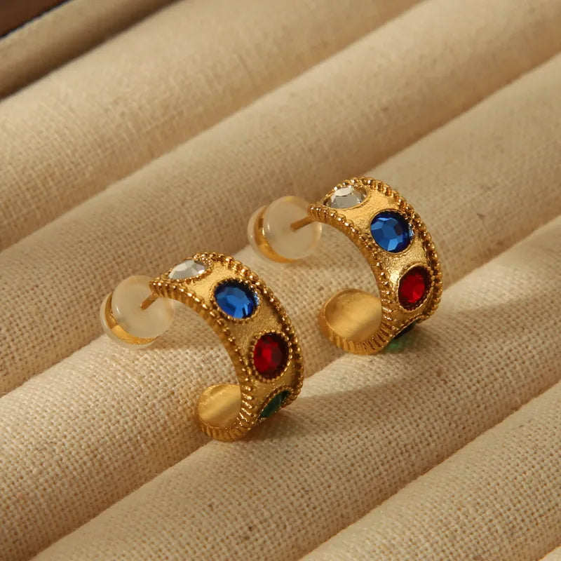 1 Pair Vintage Style French Style Shiny C Shape Inlay 304 Stainless Steel Zircon Ear Studs