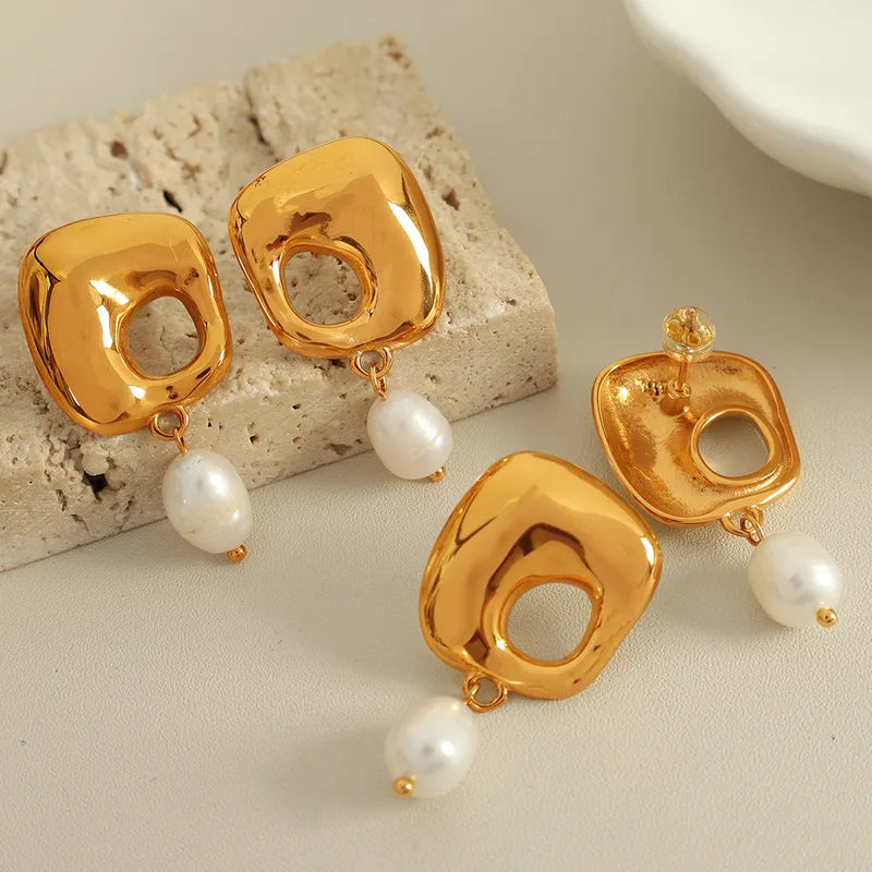 1 Pair Vintage Style French Style Square Polishing Plating Hollow Out 304 Stainless Steel 18K Gold Plated Drop Earrings