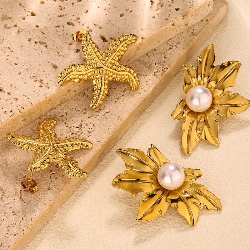 1 Pair Vintage Style French Style Starfish Flower Plating 304 Stainless Steel Ear Studs