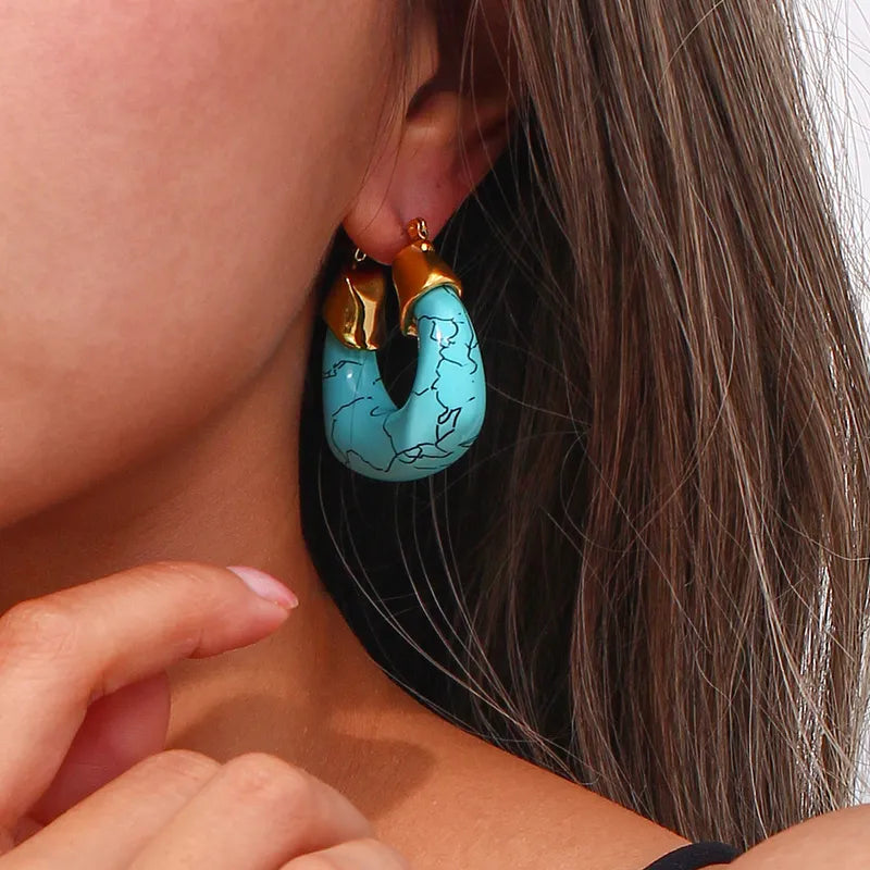 1 Pair Vintage Style Geometric Plating 304 Stainless Steel Turquoise 18K Gold Plated Earrings