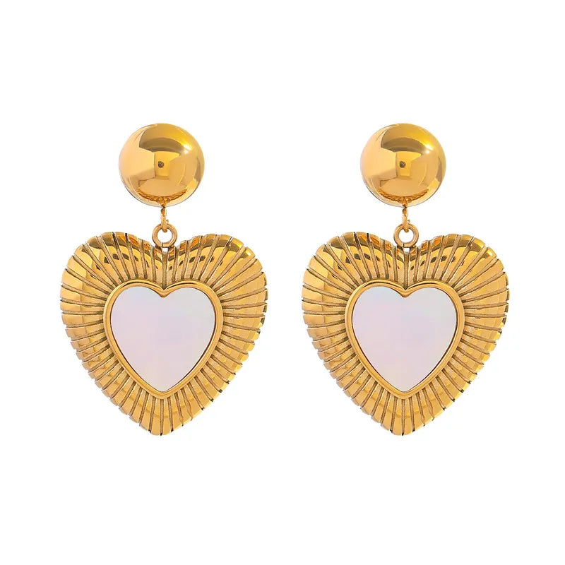 1 Pair Vintage Style Heart Shape Inlay 304 Stainless Steel Shell 18K Gold Plated Drop Earrings