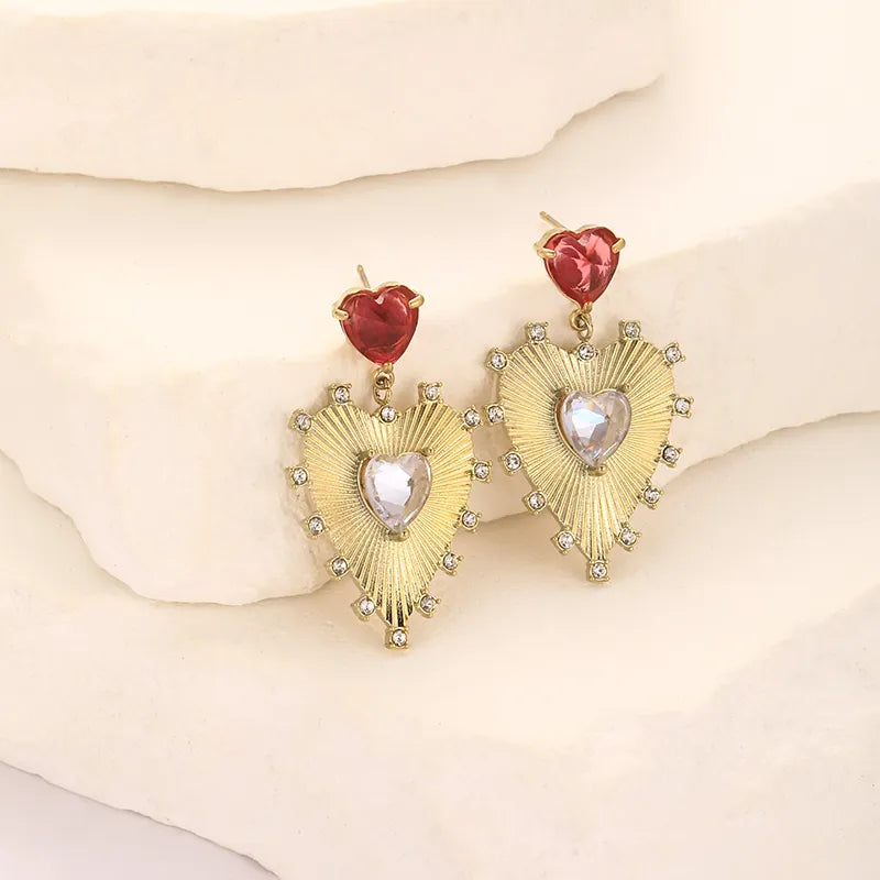 1 Pair Vintage Style Heart Shape Plating Inlay 304 Stainless Steel Zircon Drop Earrings