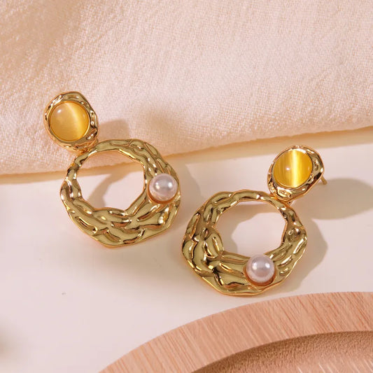 1 Pair Vintage Style Luxurious Classic Style Geometric Round Inlay 304 Stainless Steel Resin Imitation Gold Drop Earrings