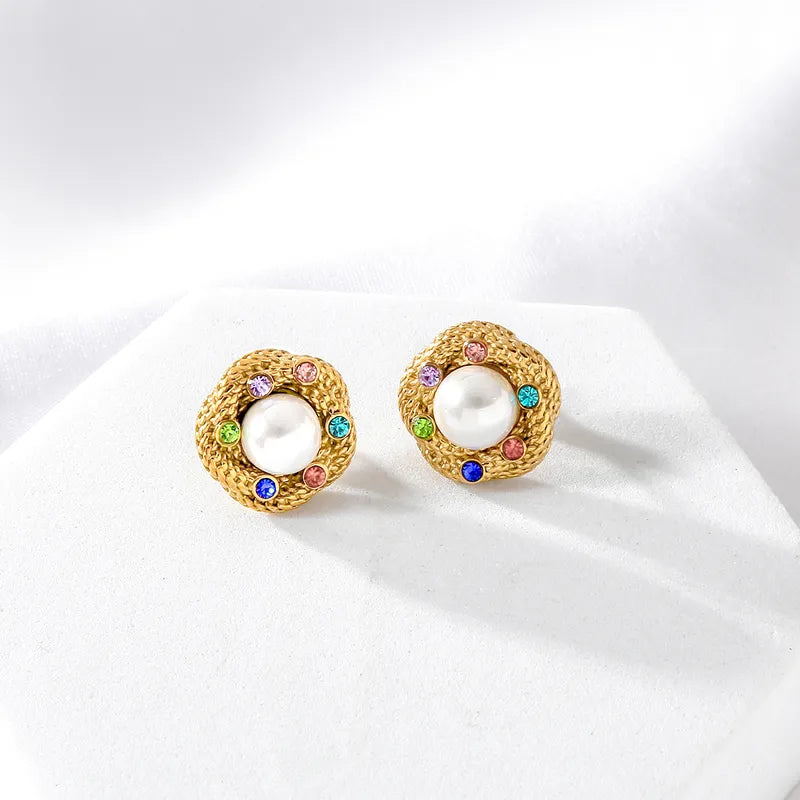 1 Pair Vintage Style Modern Style Round Inlay 304 Stainless Steel Zircon 18K Gold Plated Ear Studs