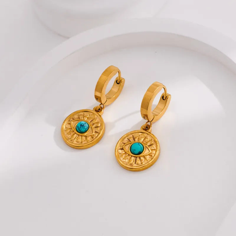 1 Pair Vintage Style Roman Style Eye Plating Inlay 316 Stainless Steel Titanium Steel Turquoise Drop Earrings