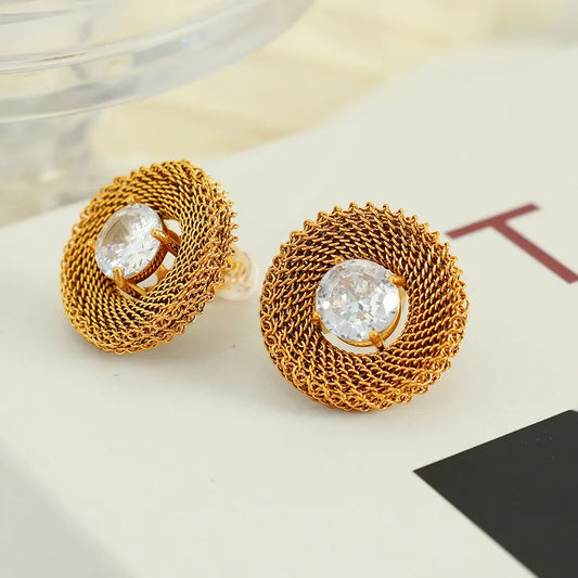 1 Pair Vintage Style Round Inlay Titanium Steel Zircon 18K Gold Plated Ear Studs