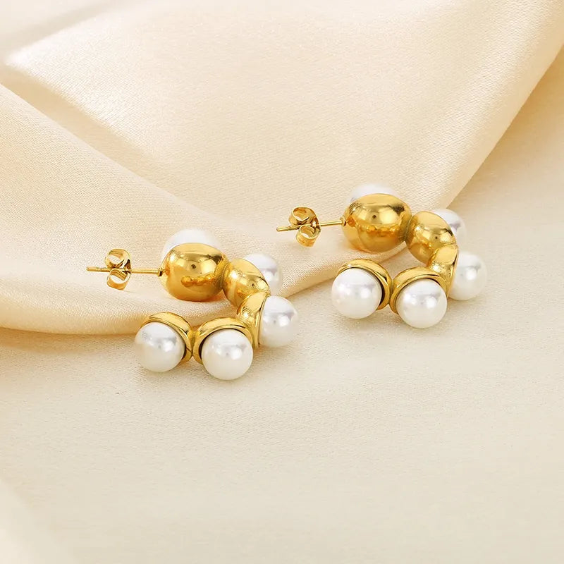 1 Pair Vintage Style Round Plating Inlay 304 Stainless Steel Pearl 18K Gold Plated Ear Studs