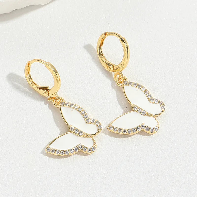 1 Pair Vintage Style Simple Style Classic Style Dragonfly Butterfly Enamel Inlay Copper Zircon 14K Gold Plated Drop Earrings