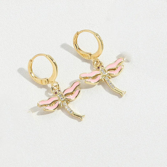 1 Pair Vintage Style Simple Style Classic Style Dragonfly Butterfly Enamel Inlay Copper Zircon 14K Gold Plated Drop Earrings