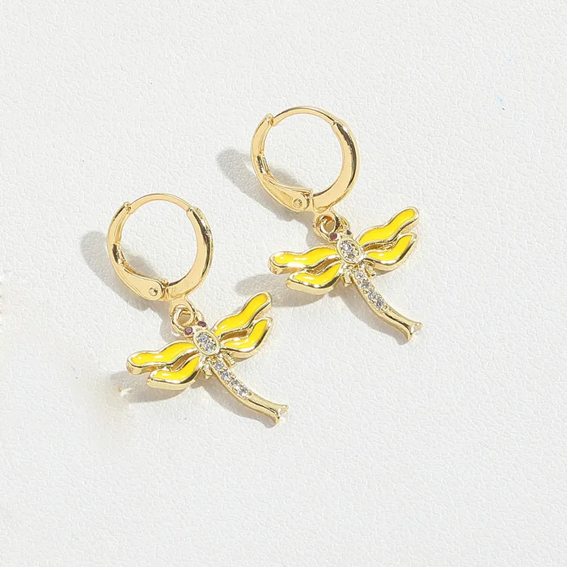 1 Pair Vintage Style Simple Style Classic Style Dragonfly Butterfly Enamel Inlay Copper Zircon 14K Gold Plated Drop Earrings