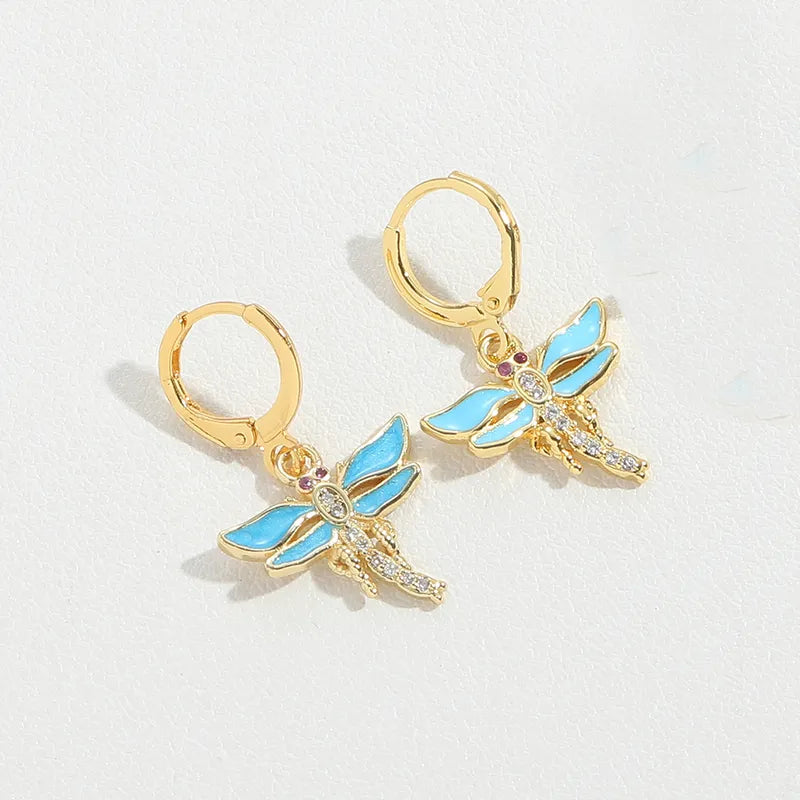 1 Pair Vintage Style Simple Style Classic Style Dragonfly Butterfly Enamel Inlay Copper Zircon 14K Gold Plated Drop Earrings