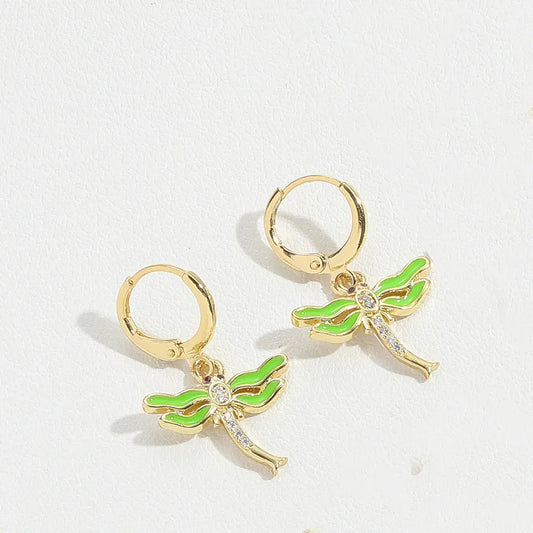 1 Pair Vintage Style Simple Style Classic Style Dragonfly Butterfly Enamel Inlay Copper Zircon 14K Gold Plated Drop Earrings