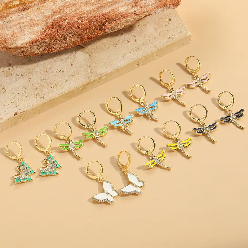 1 Pair Vintage Style Simple Style Classic Style Dragonfly Butterfly Enamel Inlay Copper Zircon 14K Gold Plated Drop Earrings