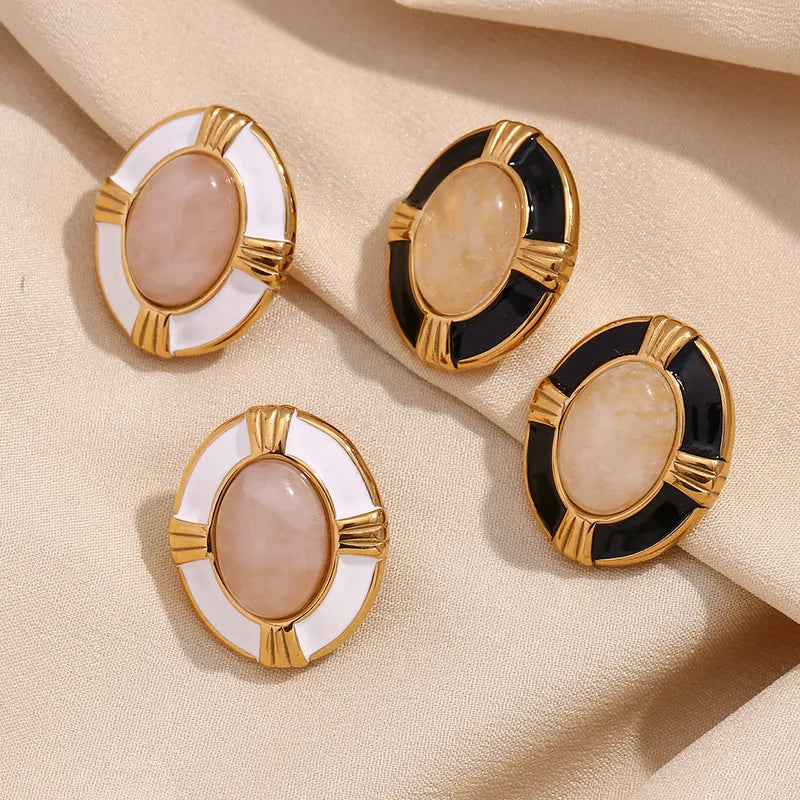 1 Pair Vintage Style Simple Style Classic Style Oval Plating Inlay 304 Stainless Steel Natural Stone 18K Gold Plated Ear Studs