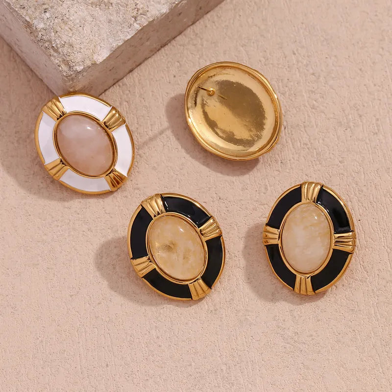 1 Pair Vintage Style Simple Style Classic Style Oval Plating Inlay 304 Stainless Steel Natural Stone 18K Gold Plated Ear Studs