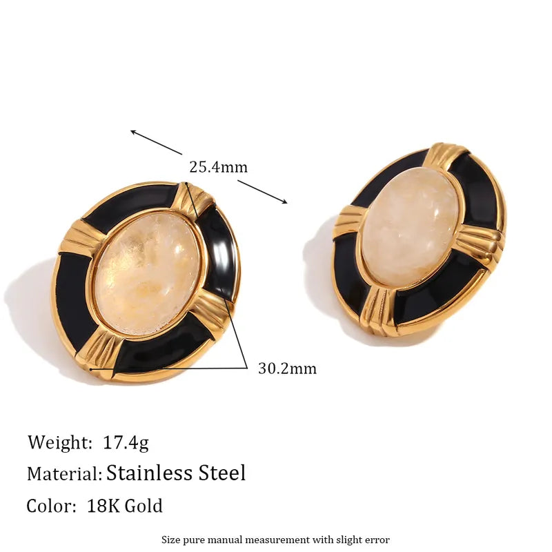 1 Pair Vintage Style Simple Style Classic Style Oval Plating Inlay 304 Stainless Steel Natural Stone 18K Gold Plated Ear Studs