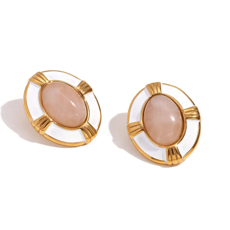 1 Pair Vintage Style Simple Style Classic Style Oval Plating Inlay 304 Stainless Steel Natural Stone 18K Gold Plated Ear Studs