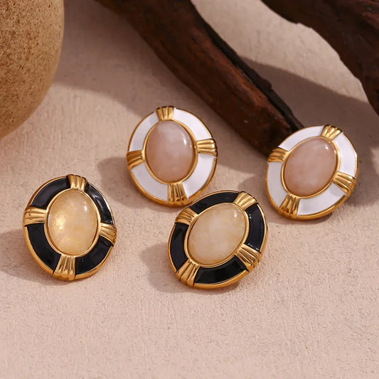 1 Pair Vintage Style Simple Style Classic Style Oval Plating Inlay 304 Stainless Steel Natural Stone 18K Gold Plated Ear Studs