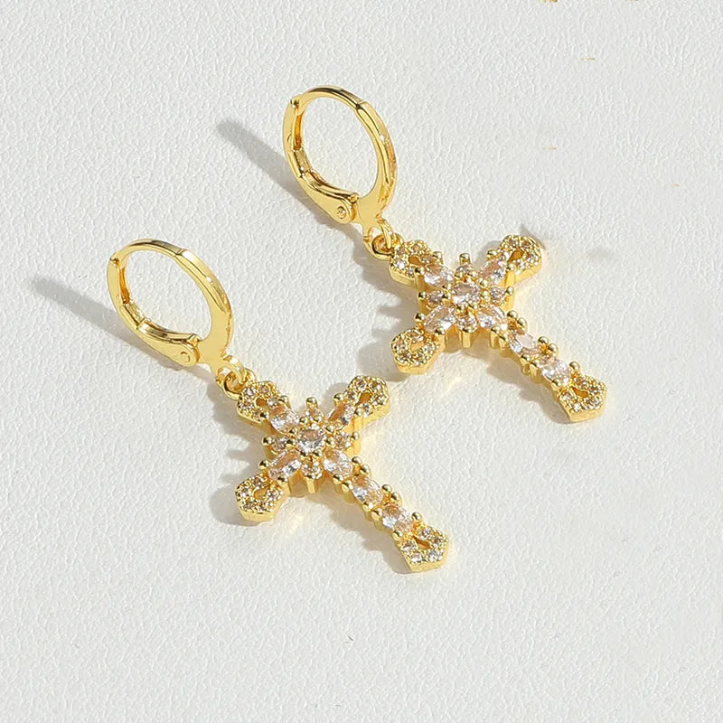 1 Pair Vintage Style Simple Style Commute Cross Inlay Copper Zircon 14K Gold Plated Drop Earrings