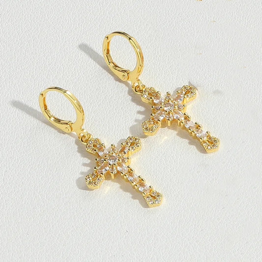 1 Pair Vintage Style Simple Style Commute Cross Inlay Copper Zircon 14K Gold Plated Drop Earrings