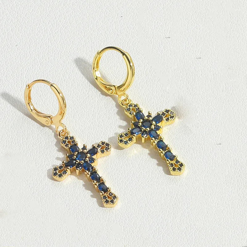 1 Pair Vintage Style Simple Style Commute Cross Inlay Copper Zircon 14K Gold Plated Drop Earrings