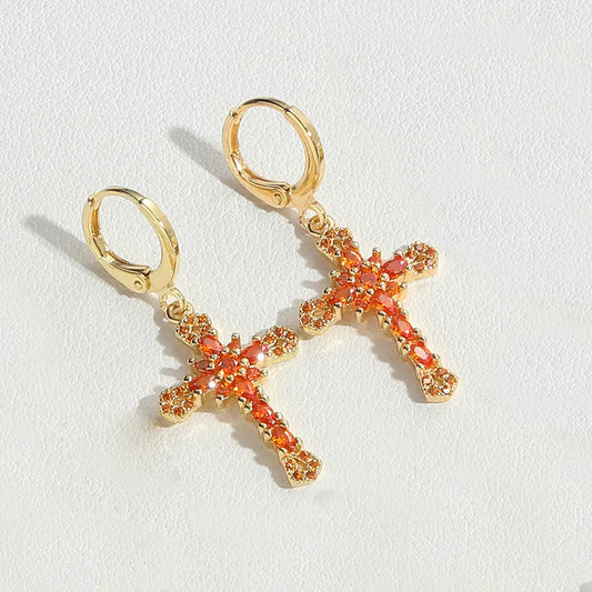 1 Pair Vintage Style Simple Style Commute Cross Inlay Copper Zircon 14K Gold Plated Drop Earrings