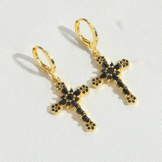 1 Pair Vintage Style Simple Style Commute Cross Inlay Copper Zircon 14K Gold Plated Drop Earrings