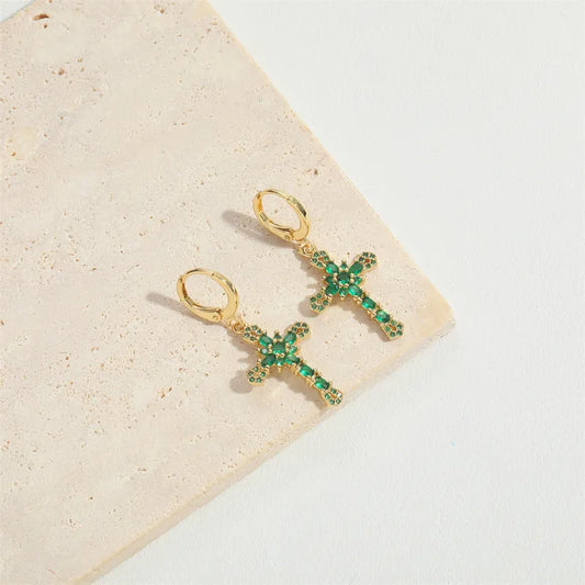 1 Pair Vintage Style Simple Style Commute Cross Inlay Copper Zircon 14K Gold Plated Drop Earrings