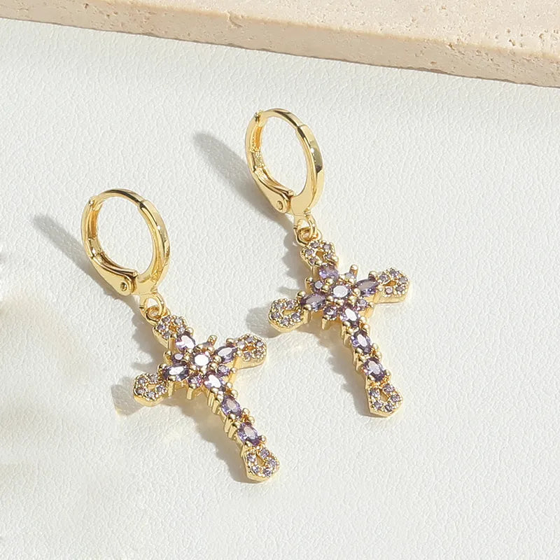 1 Pair Vintage Style Simple Style Commute Cross Inlay Copper Zircon 14K Gold Plated Drop Earrings