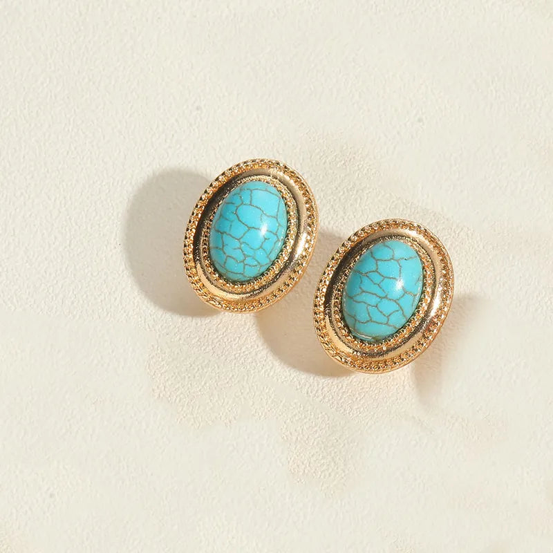 style Commute Round Inlay Copper Artificial Pearls Turquoise 14K Gold Plated Ear Studs