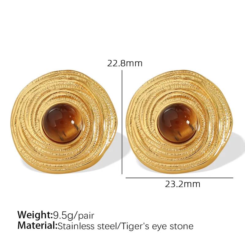 1 Pair Vintage Style Simple Style Round Inlay Titanium Steel Tiger Eye 18K Gold Plated Ear Studs