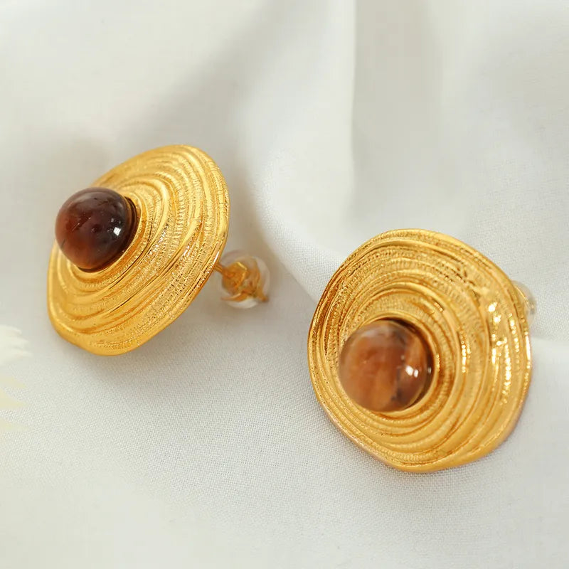 1 Pair Vintage Style Simple Style Round Inlay Titanium Steel Tiger Eye 18K Gold Plated Ear Studs