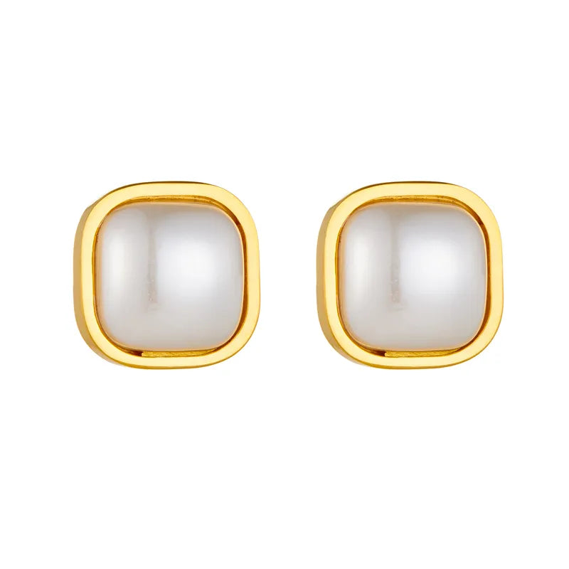 1 Pair Vintage Style Square Inlay 304 Stainless Steel Artificial Pearls 18K Gold Plated Ear Studs