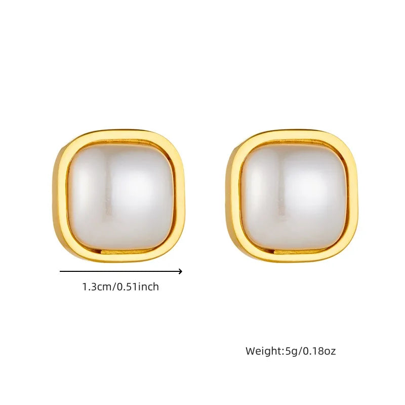 1 Pair Vintage Style Square Inlay 304 Stainless Steel Artificial Pearls 18K Gold Plated Ear Studs