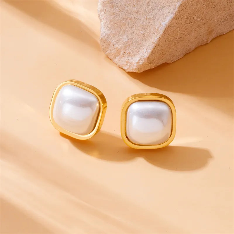 1 Pair Vintage Style Square Inlay 304 Stainless Steel Artificial Pearls 18K Gold Plated Ear Studs