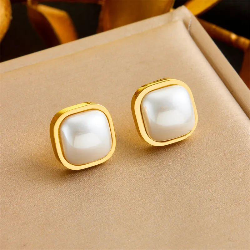 1 Pair Vintage Style Square Inlay 304 Stainless Steel Artificial Pearls 18K Gold Plated Ear Studs