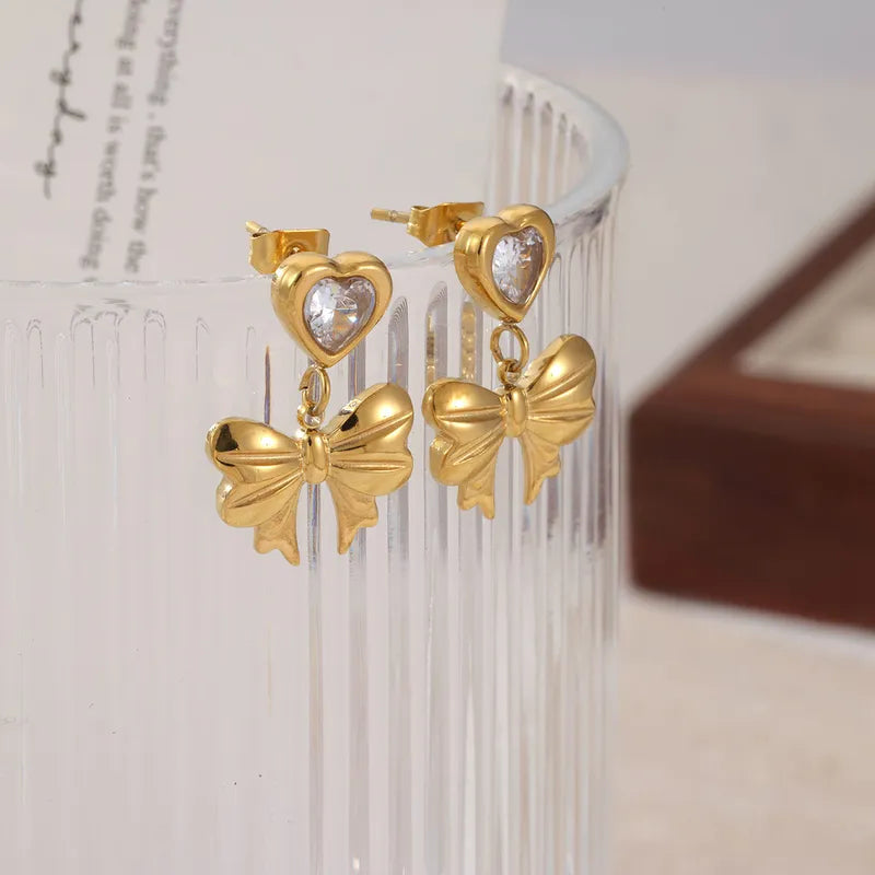 1 Pair Vintage Style Sweet Commute Heart Shape Bow Knot Inlay 304 Stainless Steel Zircon White Gold Plated Gold Plated Drop Earrings