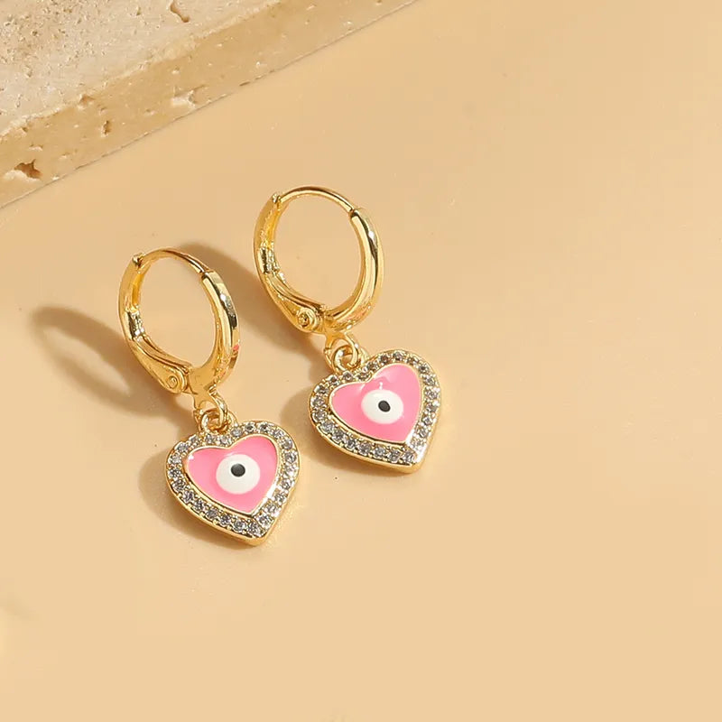 1 Pair Vintage Style Sweet Heart Shape Eye Flower Enamel Inlay Copper Zircon 14K Gold Plated Drop Earrings