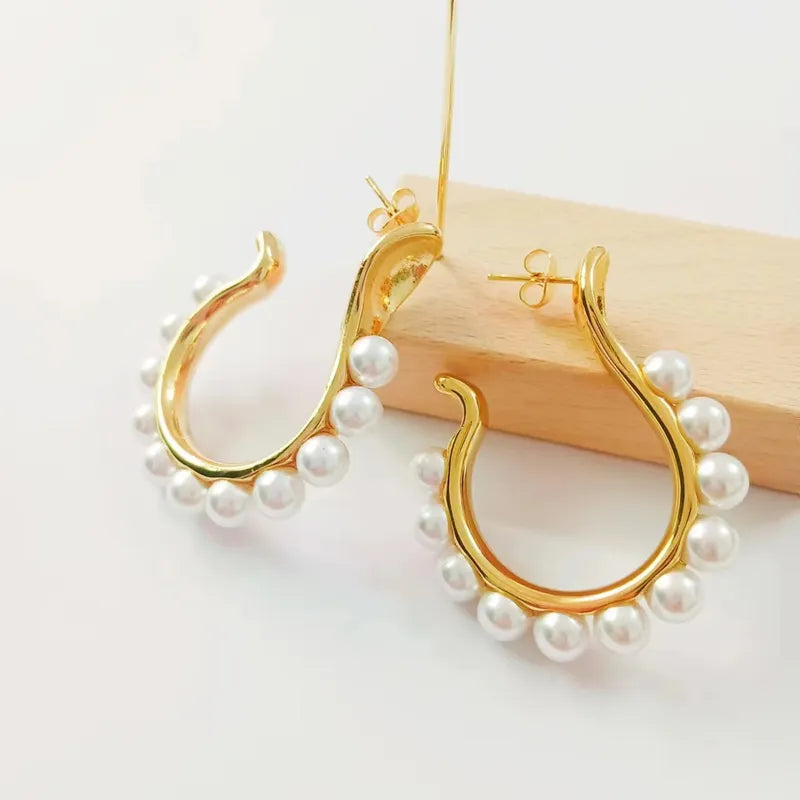 1 Pair Vintage Style U Shape Inlay 304 Stainless Steel Pearl 18K Gold Plated Ear Studs